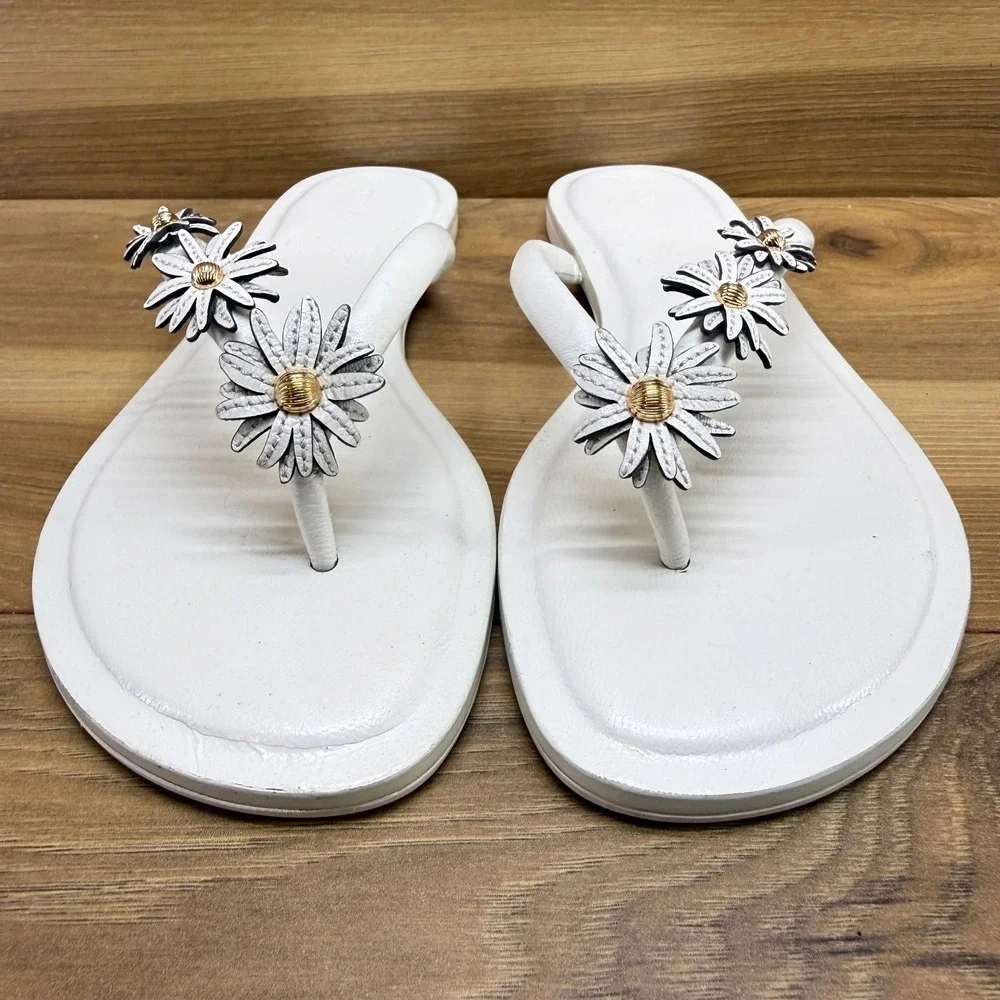 Tory Burch Flower Applique Flip Flops Womens 7 Cream White Leather Thong Preppy